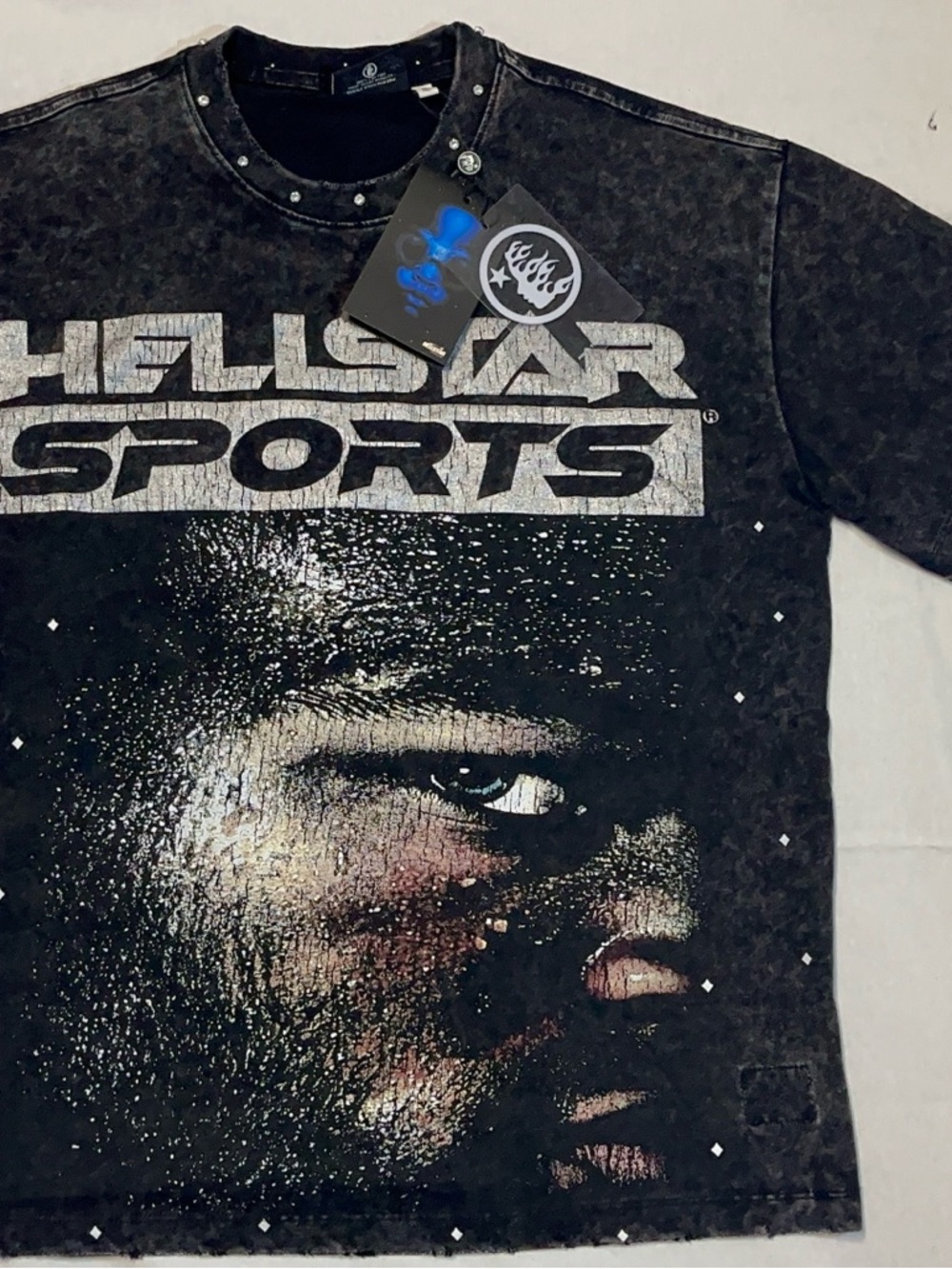 Hellstar black & grey graphic tee with rhinestone details #rhinestone #grunge